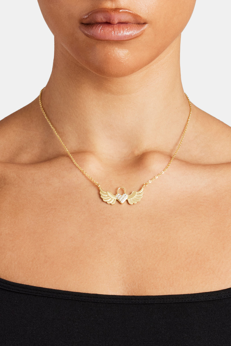 Iced Heart Padlock Angel Necklace - Gold