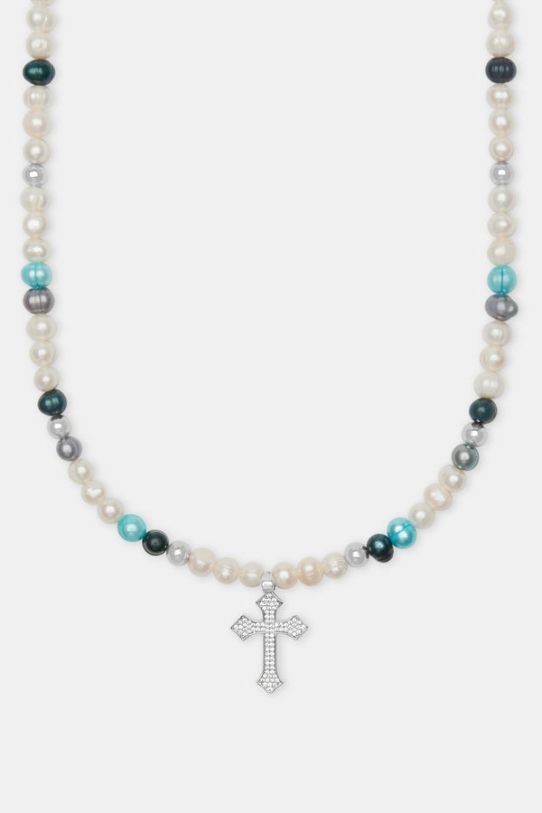 Blue Bead & Cross Freshwater Pearl Necklace