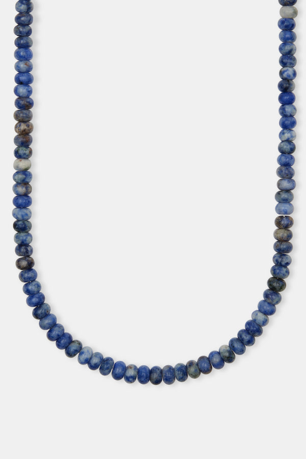 Blue bead necklace with white background