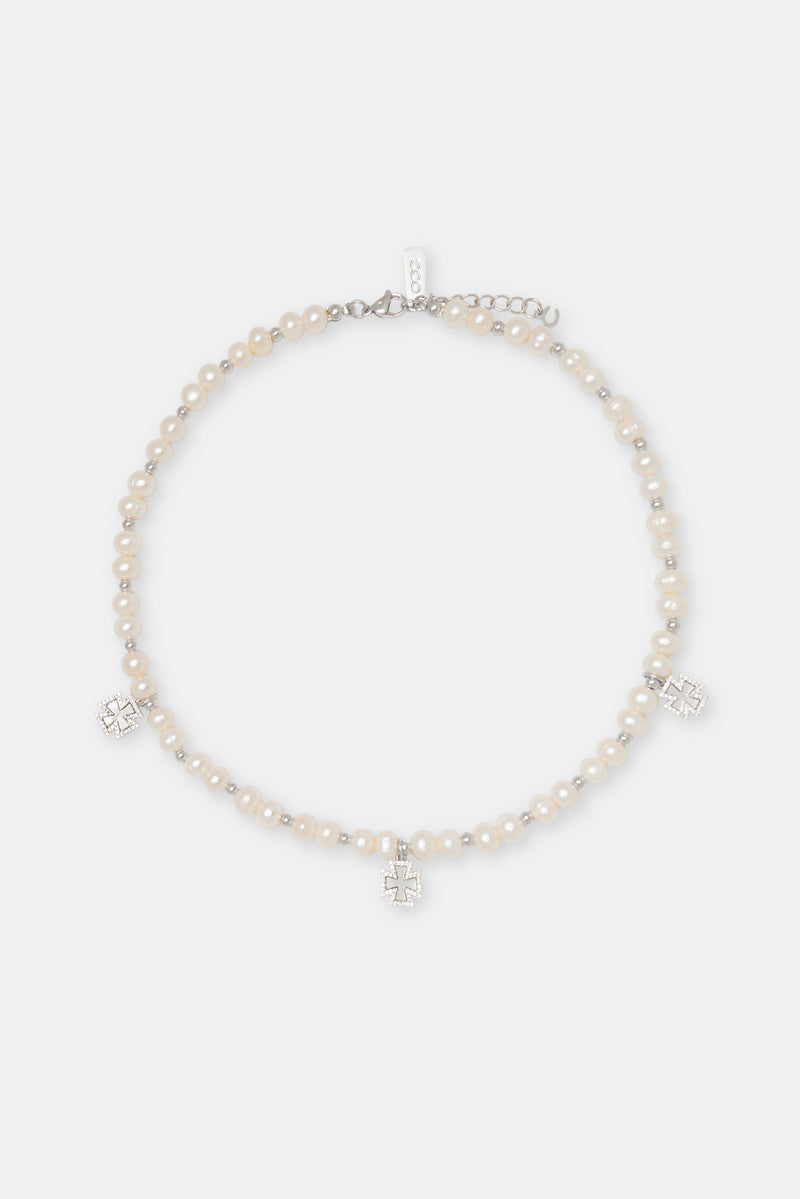 Iced Cross Motif Freshwater Pearl Necklace - 6mm