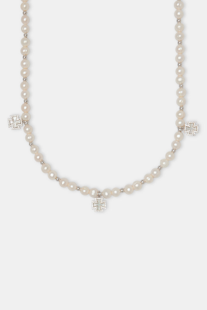 Iced Cross Motif Freshwater Pearl Necklace - 6mm