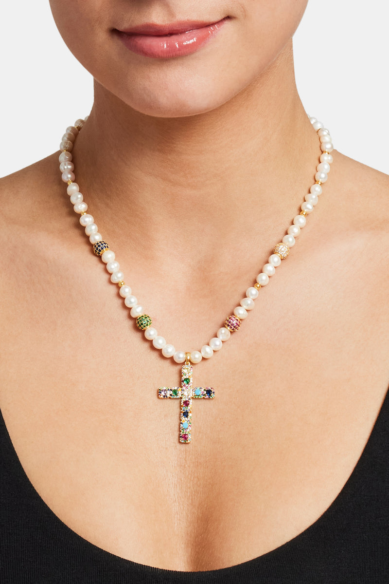 Womens Freshwater Pearl & Multi Colour Ice Ball Cross Necklace - Gold