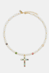 Womens Freshwater Pearl & Multi Colour Ice Ball Cross Necklace - Gold