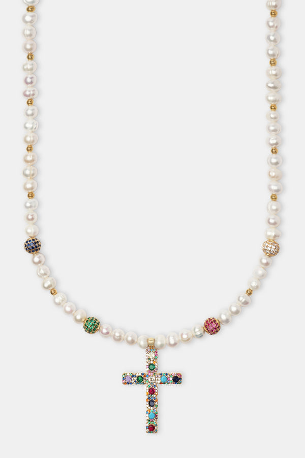 Freshwater Pearl & Multi Colour Ice Ball Cross Necklace - Gold