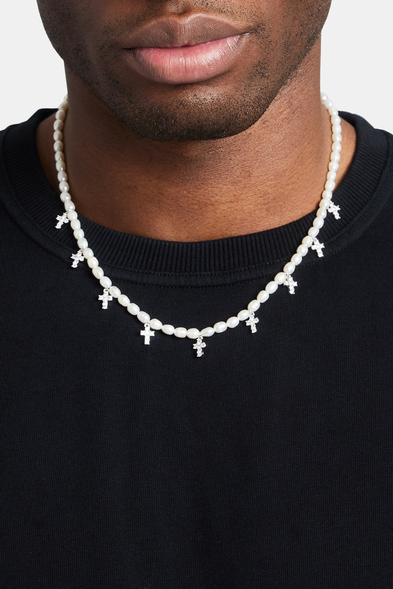 Freshwater Pearl & Clear Ice Cross Necklace - White