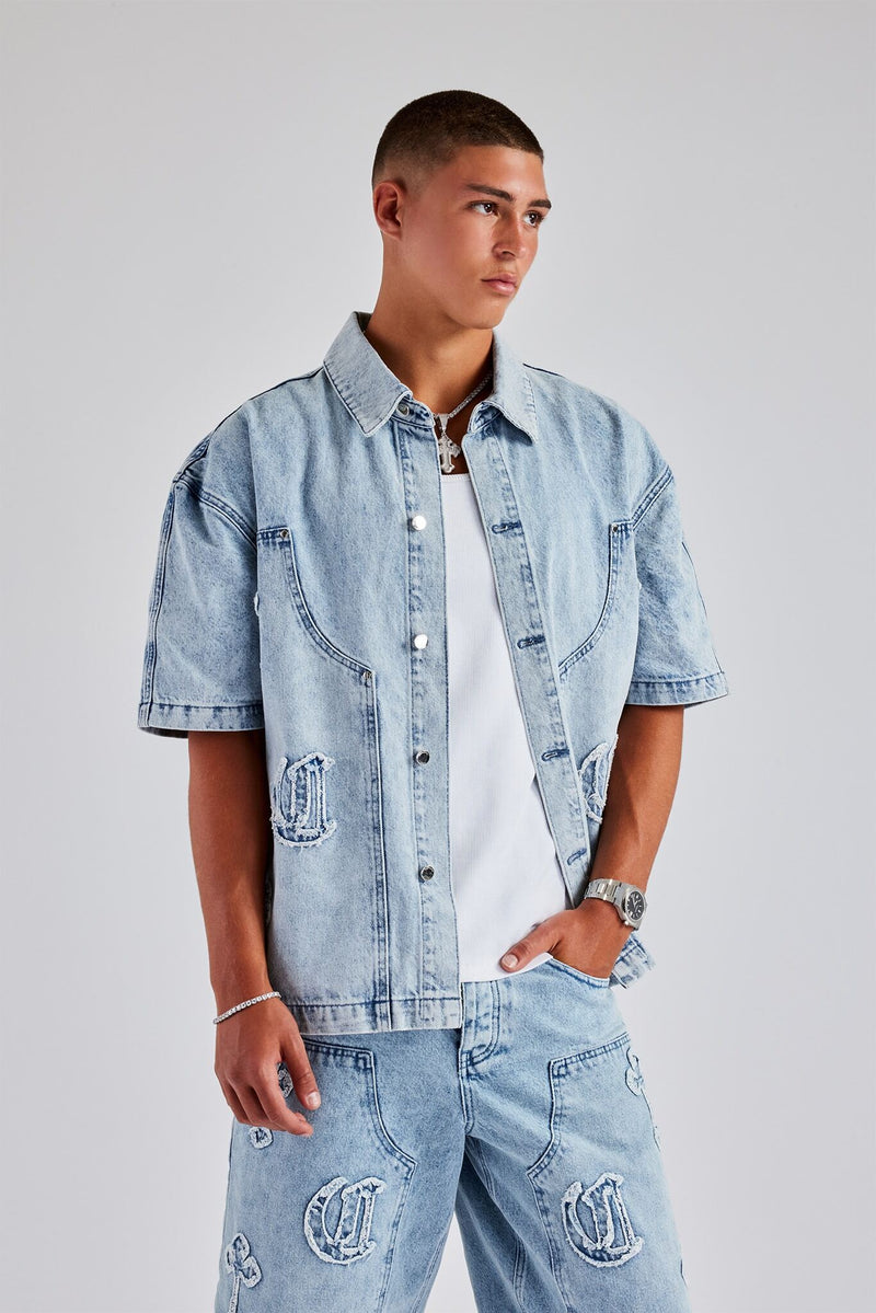 Raw Edge Applique Carpenter Denim Shirt - Ice Blue