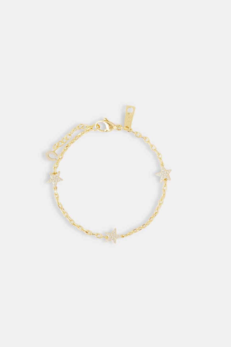 Iced Star Thin Link Bracelet - 2.5mm - Gold