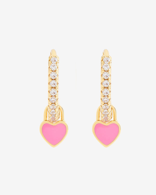 12mm Iced Pink Enamel Drop Heart Huggie Hoop Earrings - Gold