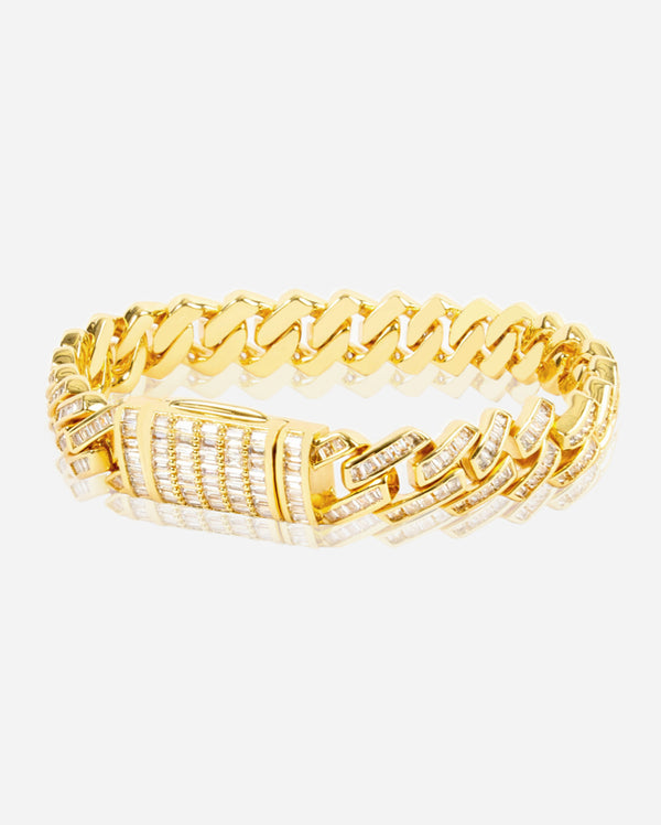 12mm Baguette Prong Cuban Bracelet - Gold