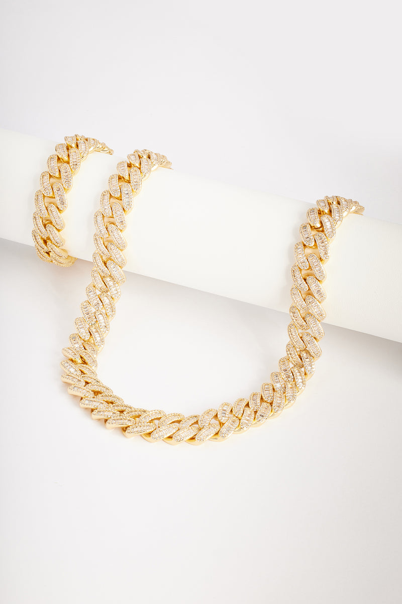 15mm Baguette Cuban Chain + Bracelet - Gold