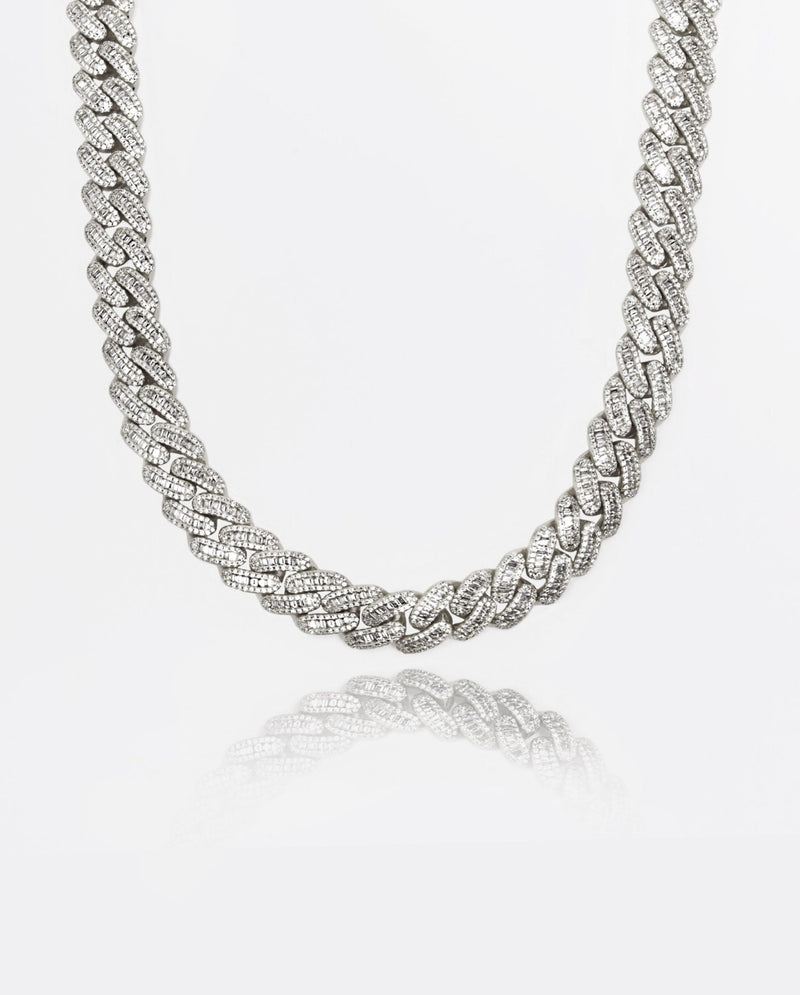 15mm Baguette Cuban Link Chain - White Gold - Cernucci