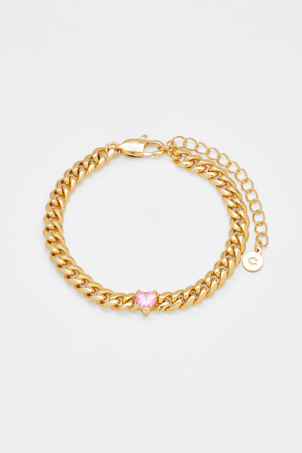 5mm Cuban Bracelet With Heart Stone - Gold