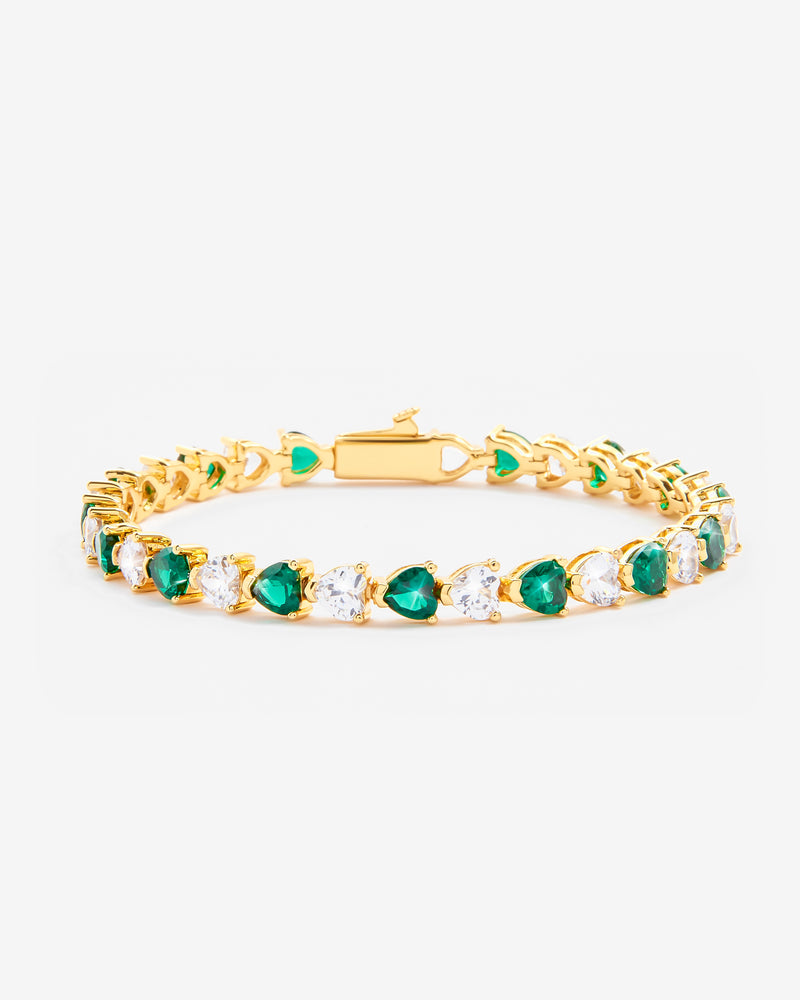 5mm White & Green Heart Tennis Link Bracelet - Gold