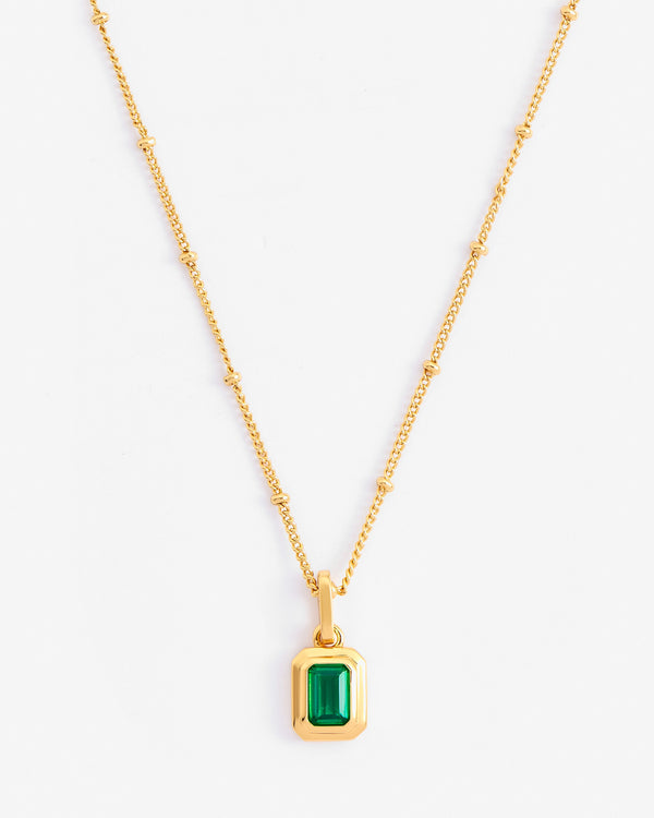 Green Baguette Bezel Set Necklace - Gold