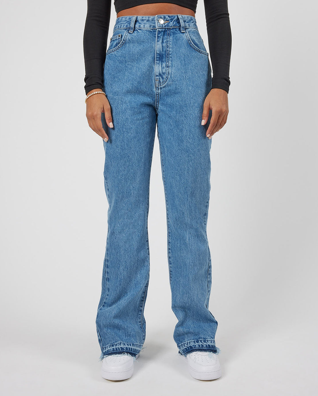 Tonal Panelled Flare Detail Jeans - Mid Blue – Cernucci