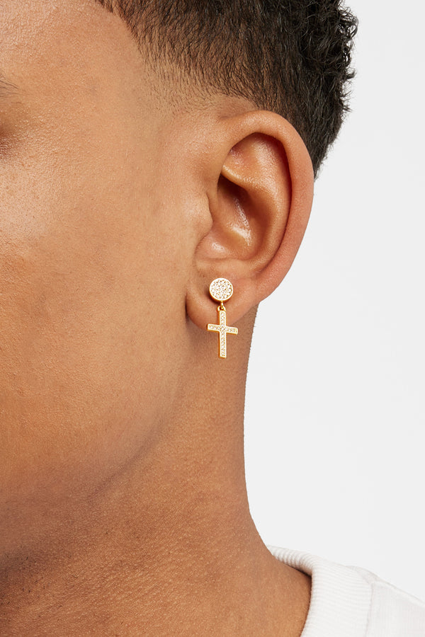 Iced Cross Drop Stud Earrings - Gold