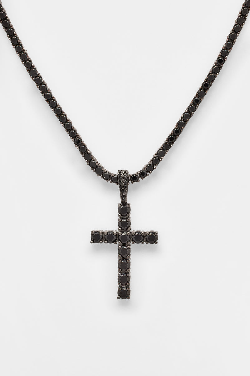 2.5mm Micro Tennis Chain + 4mm Iced Cross - Black