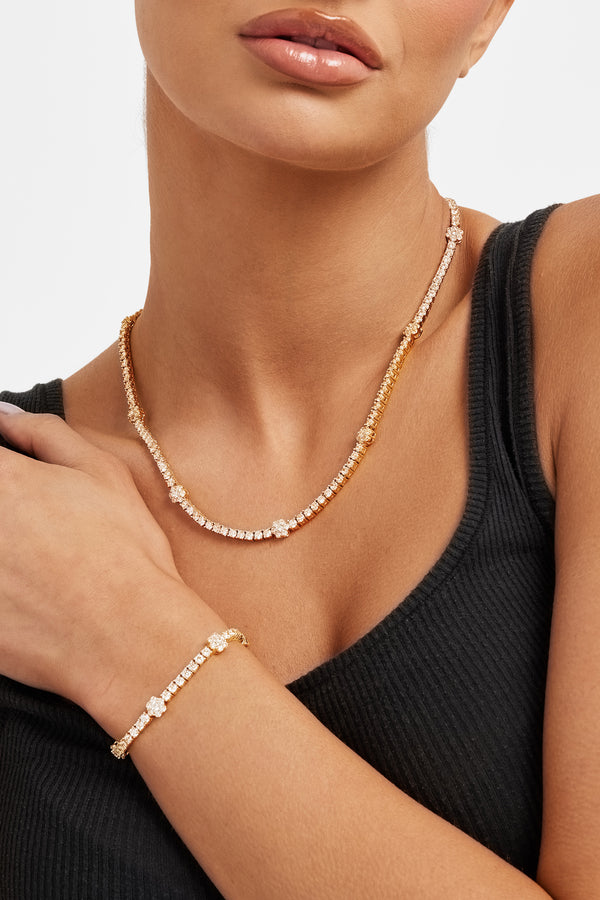 Iced Floral Detail Tennis Chain + Bracelet Bundle - Gold