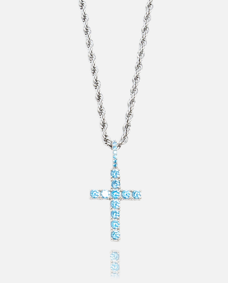 Iced Mini Cross Pendant - Blue