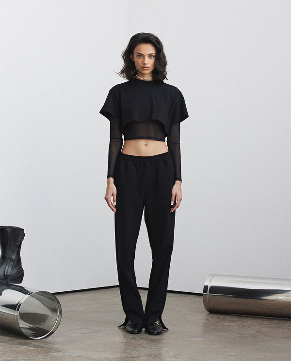 Double Layer Mesh Sleeve Crop Top - Black