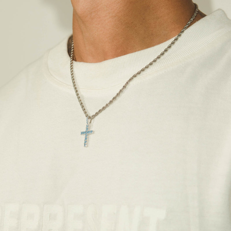 Iced Mini Cross Pendant - Blue Topaz - Cernucci